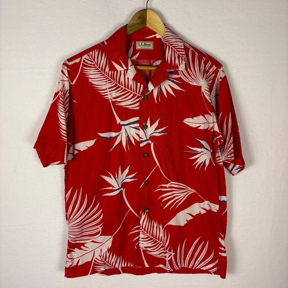 L.L. Bean Vintage Red Tropical Print Hawaiian Shirt Button Down - Picture 1 of 8